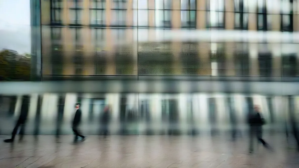 Modern financial district plaza on an overcast day reflecting corporate buildings