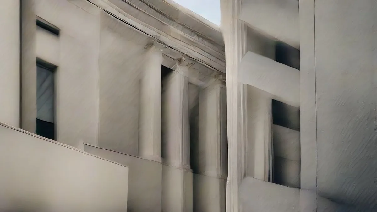 Exterior view of the Federal Reserve building featuring marble columns under a dramatic sky
