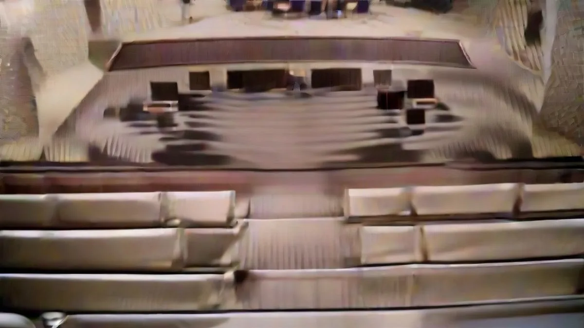 A formal briefing room with microphones on a wooden podium and broadcast cameras in soft focus.