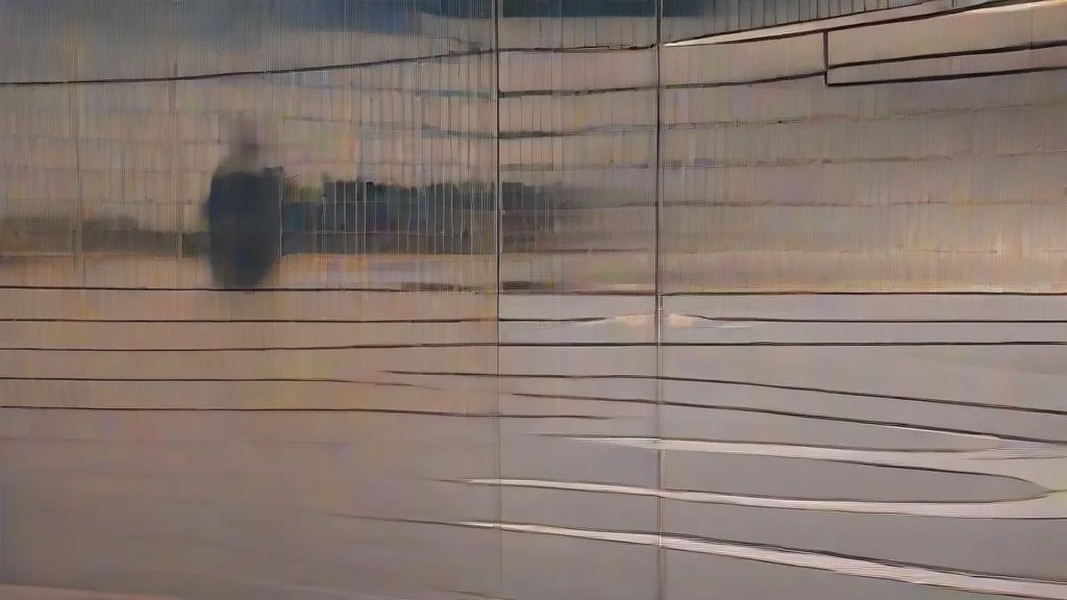 A corporate executive in business attire looking out over an active evening freight distribution terminal.