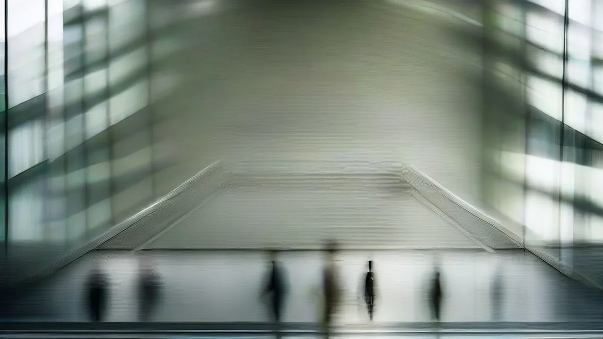 Financial professionals walking across a bright modern glass atrium in an institutional banking building