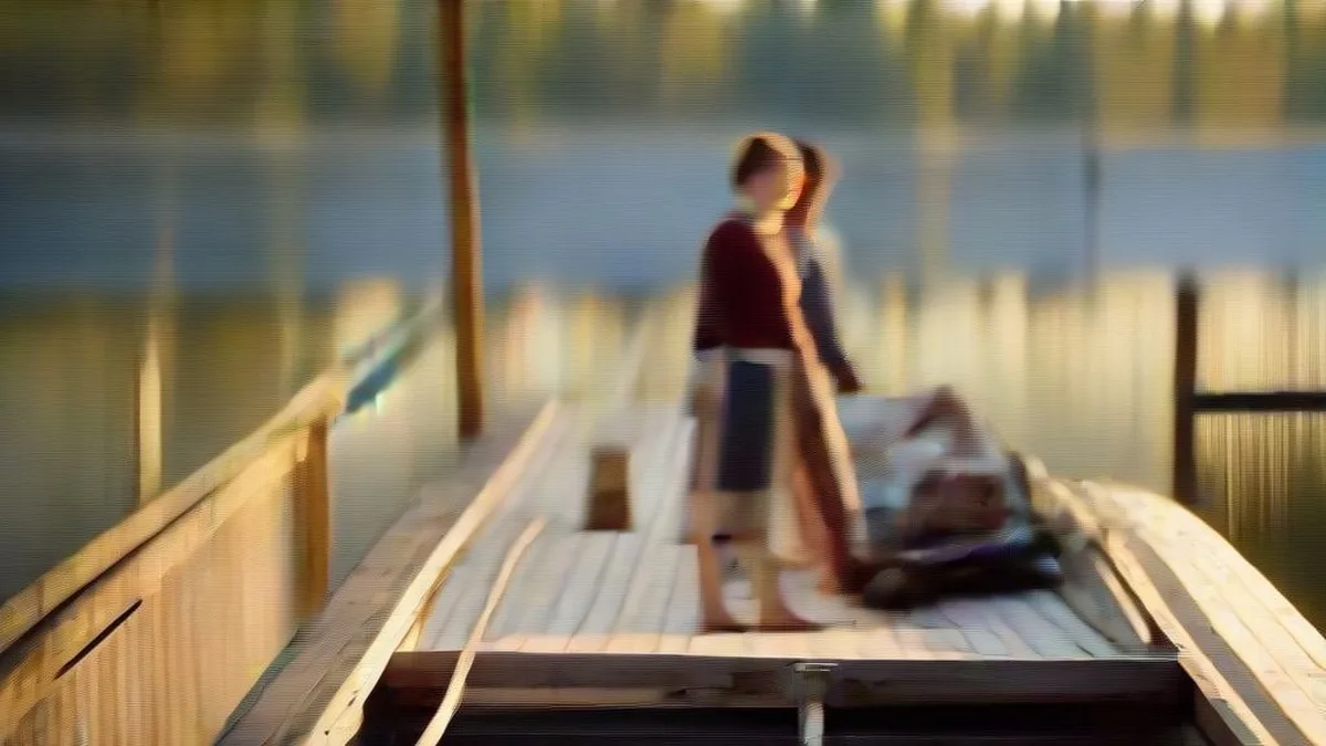 Two people walking near a quiet Finnish lake surrounded by pine trees during golden hour