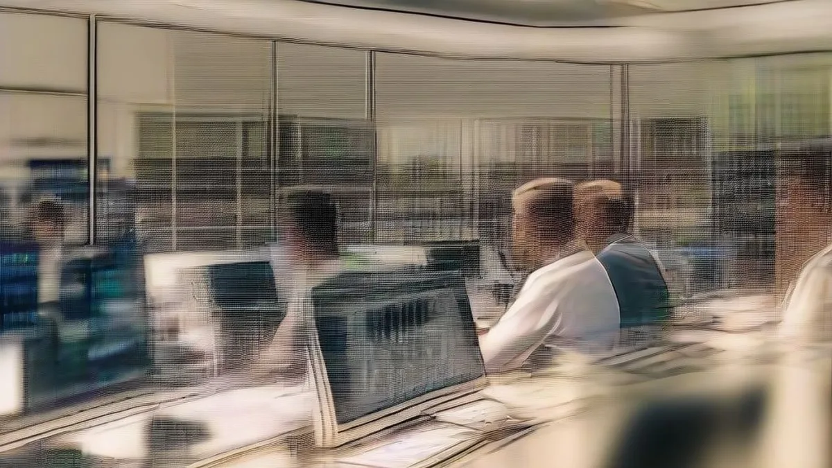 Traders sitting before multiple computer monitors on a financial trading floor
