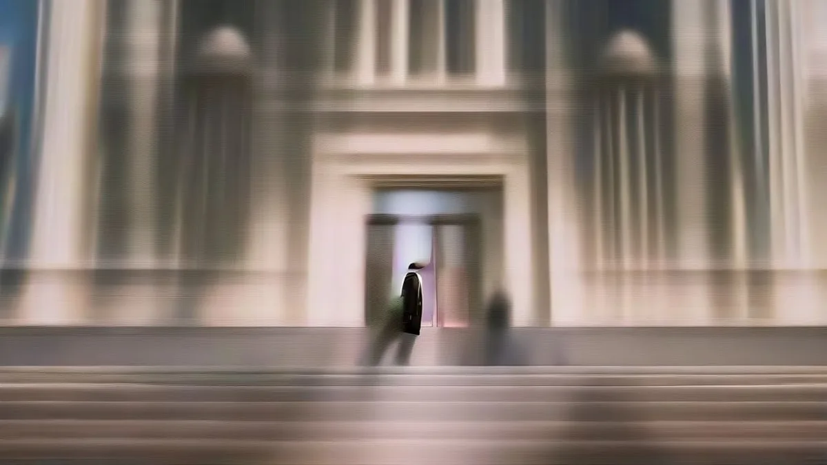 The exterior facade of the Supreme Court of India building in New Delhi with legal personnel walking by.
