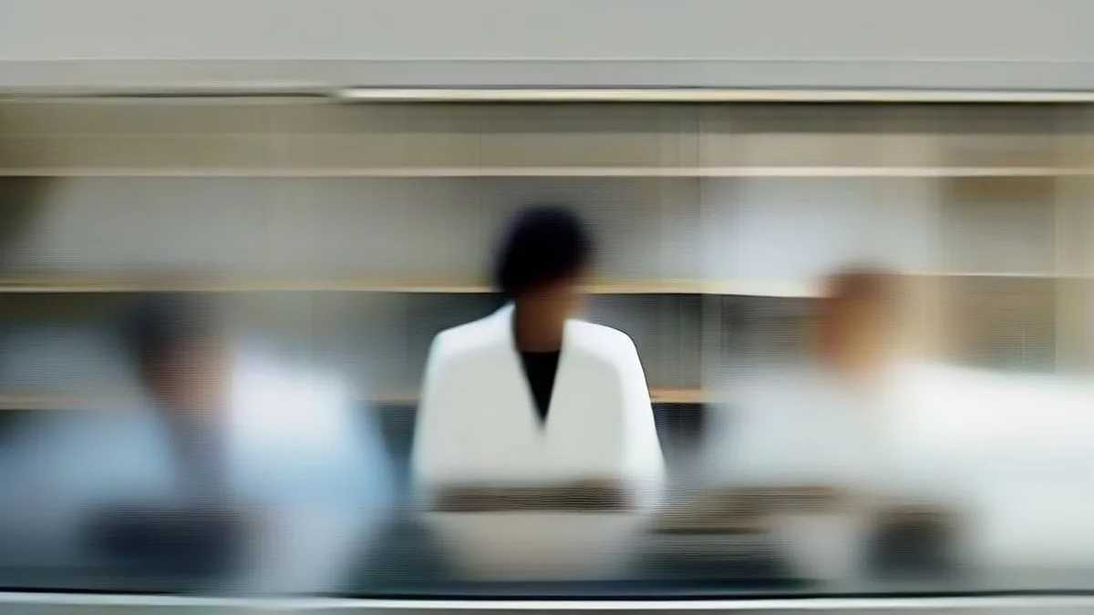 Executives in a modern boardroom discussing biotech investments with a laboratory visible in the background
