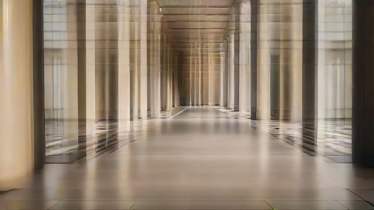 Exterior architectural view of the Supreme Court of India colonnade under natural daylight.