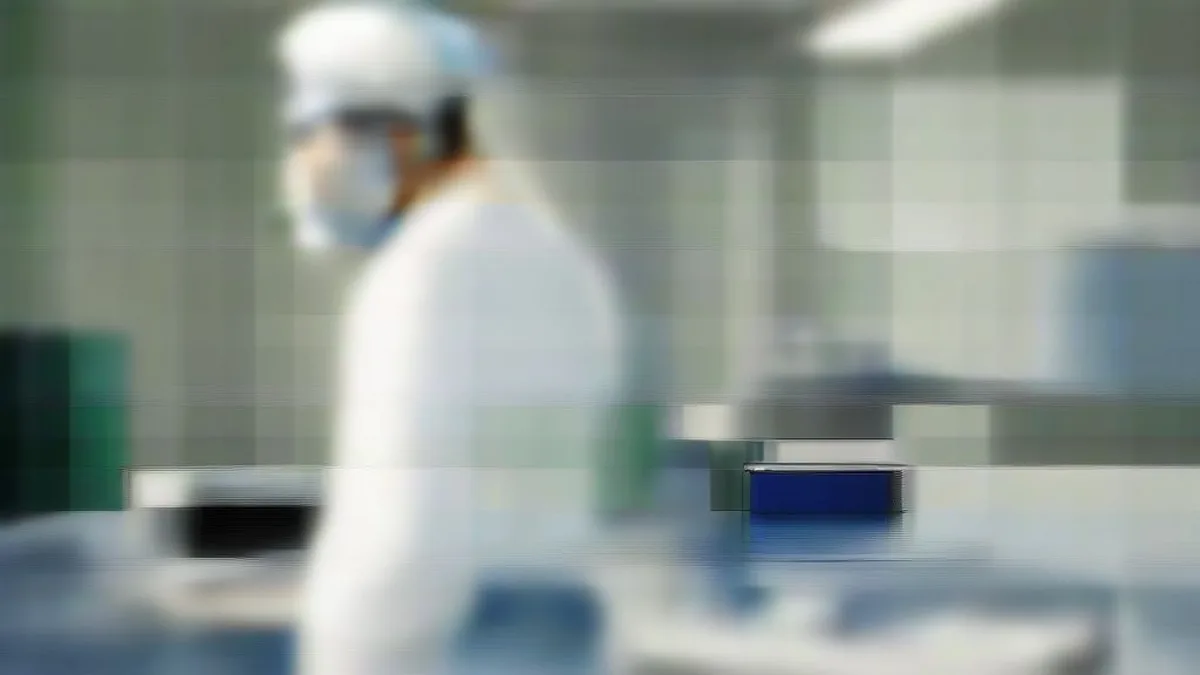 A laboratory scientist wearing protective medical equipment handling biological test samples