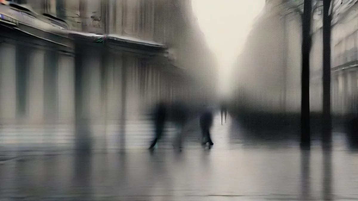Parisian boulevard on an overcast day with commuters walking past classical architecture.