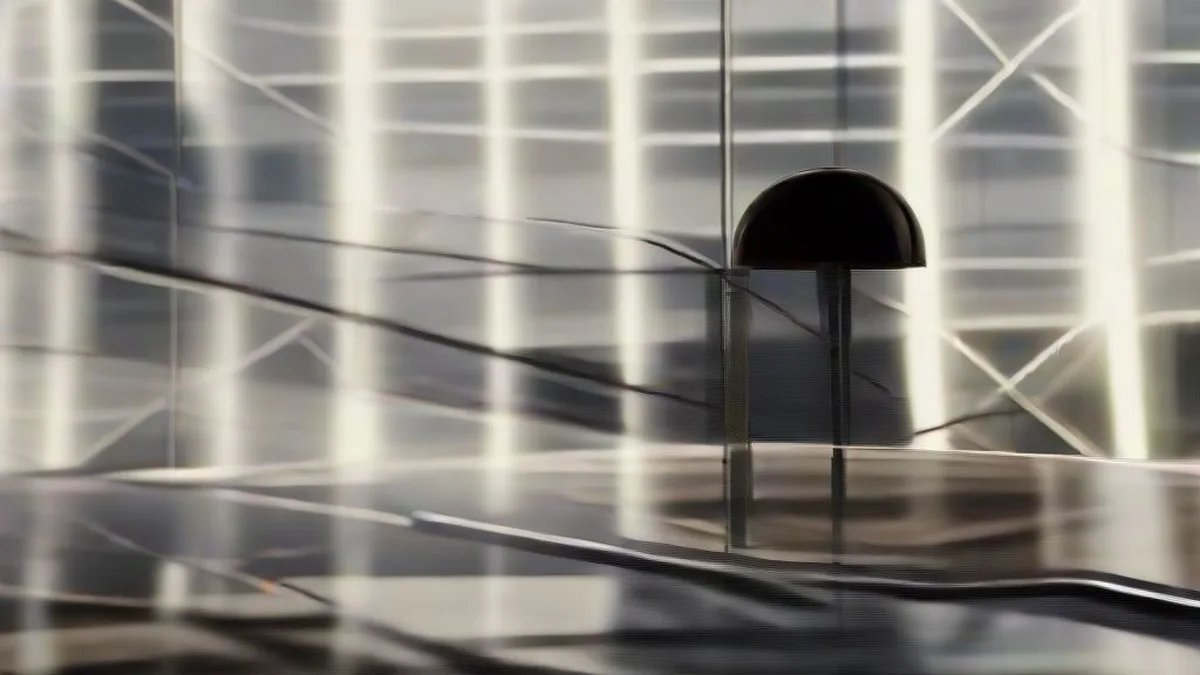 A financial analyst sitting at an office desk overlooking a metropolitan skyline during evening hours.