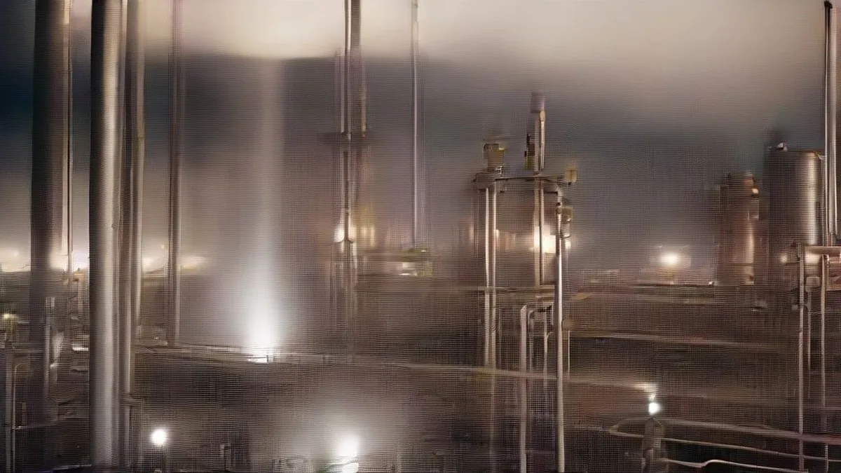 An expansive industrial energy refinery complex photographed during twilight with illuminated pipelines.