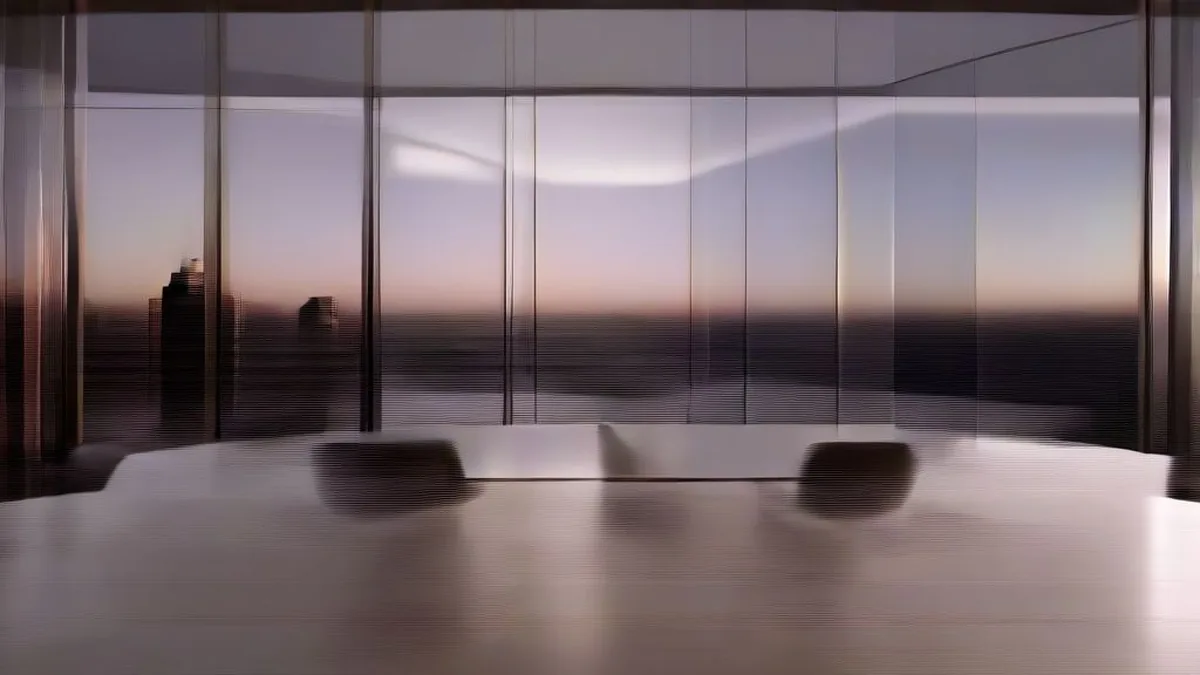 Corporate financial boardroom overlooking the evening cityscape of the financial district