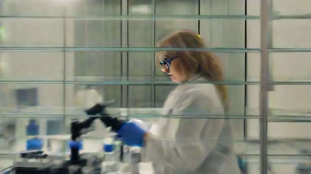 A scientist in a white coat working with clinical laboratory equipment in an oncology research facility.