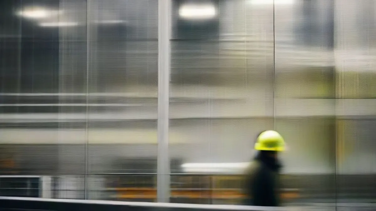 Engineers walking through a modern industrial manufacturing facility with machinery in soft focus