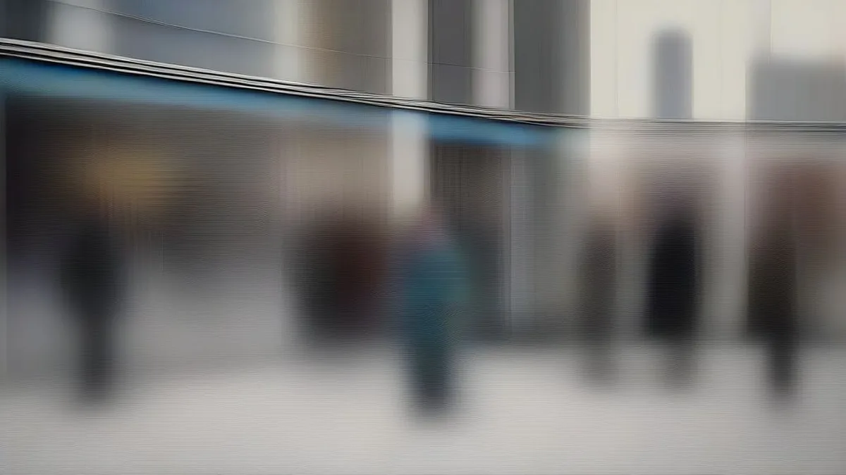 Pedestrians walking down a modern European city shopping street on a cloudy day.