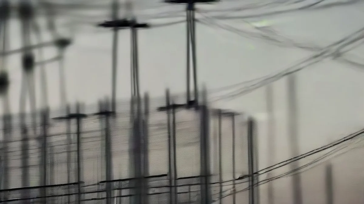 High-voltage electrical substation and transmission pylons connecting to an industrial facility under an overcast sky.