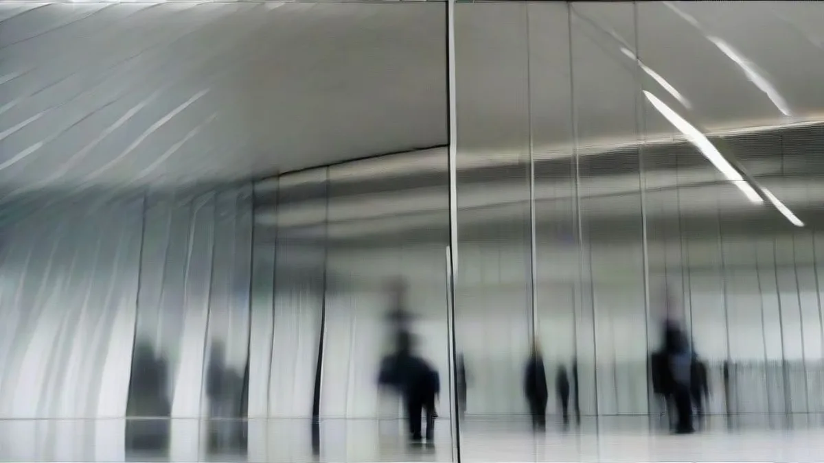 Business professionals in tailored suits walking through a sunlit corporate atrium in a financial district