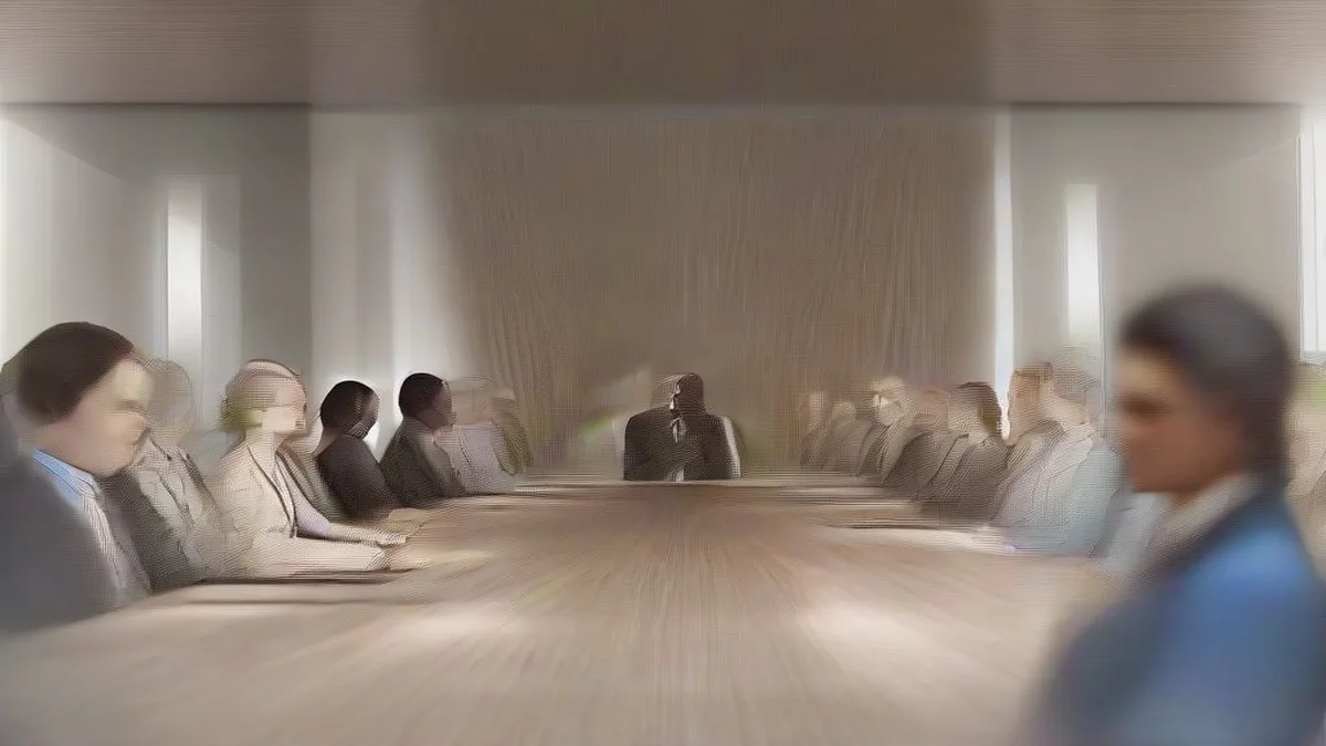 Professionals seated at a boardroom conference table during an institutional governance discussion