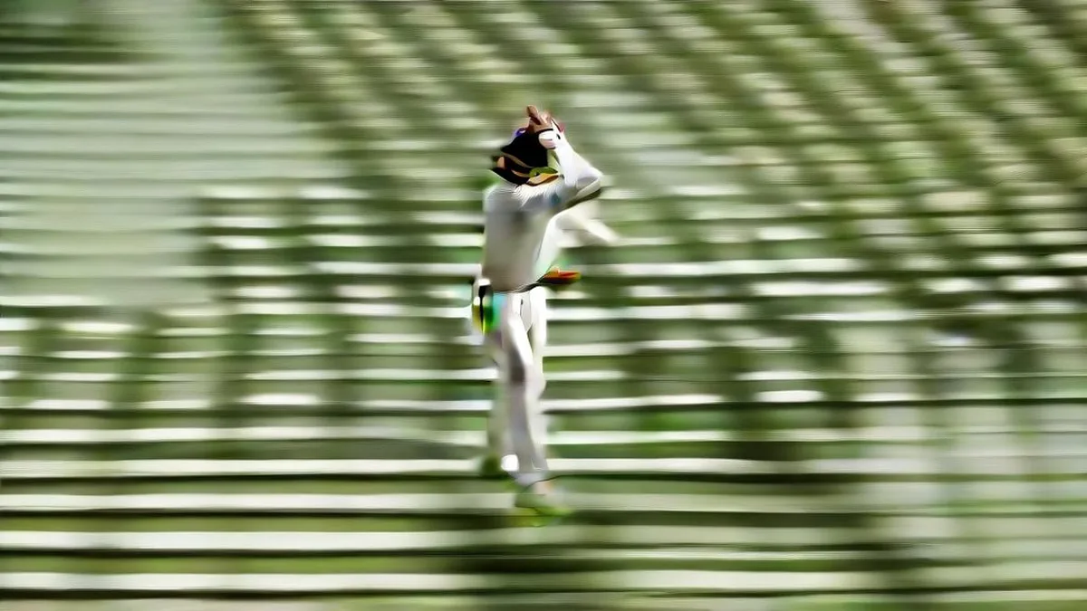 Cricket batsman in white uniform raising his bat on an open Test cricket ground in natural daylight