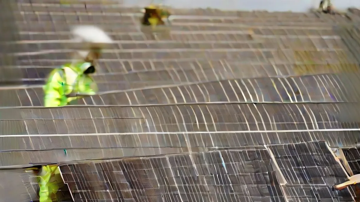 Engineers in protective safety vests inspecting a solar array on an island hillside overlooking the ocean