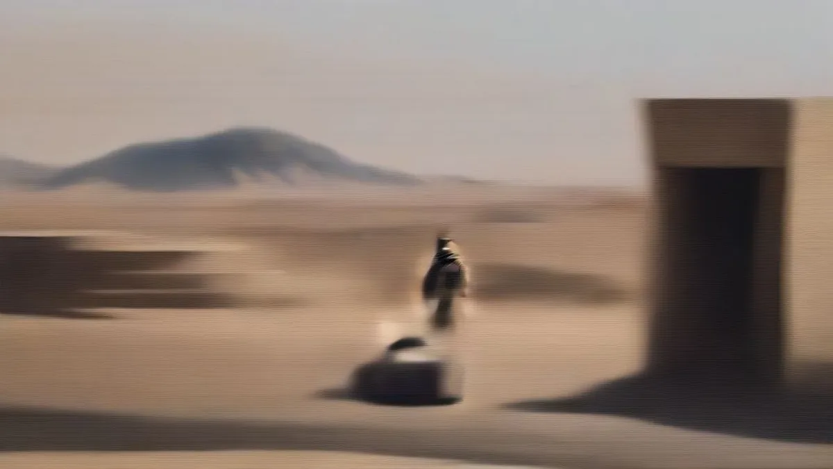 Security personnel stationed at an arid desert checkpoint in southern Yemen