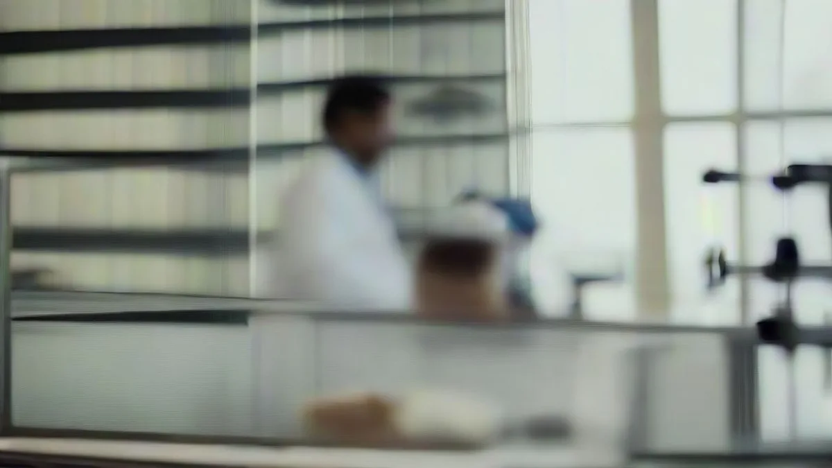 A clinical laboratory setting with a researcher at work and an executive observing operations