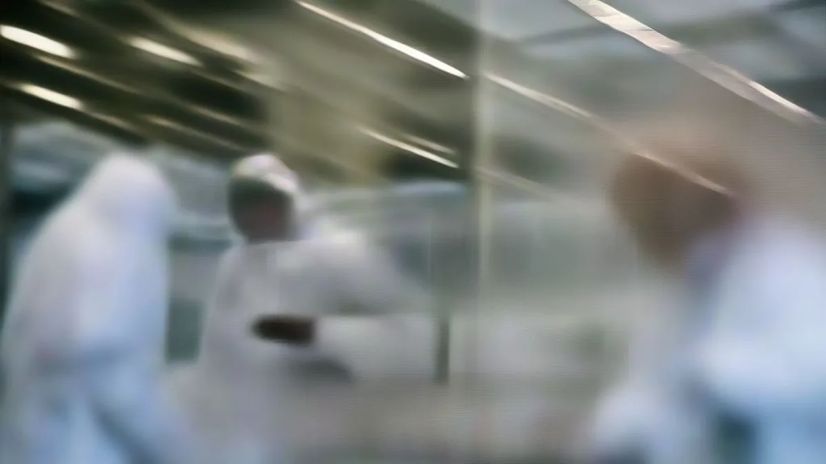 Laboratory researchers in white coats working with glass test tubes in a bright modern medical facility