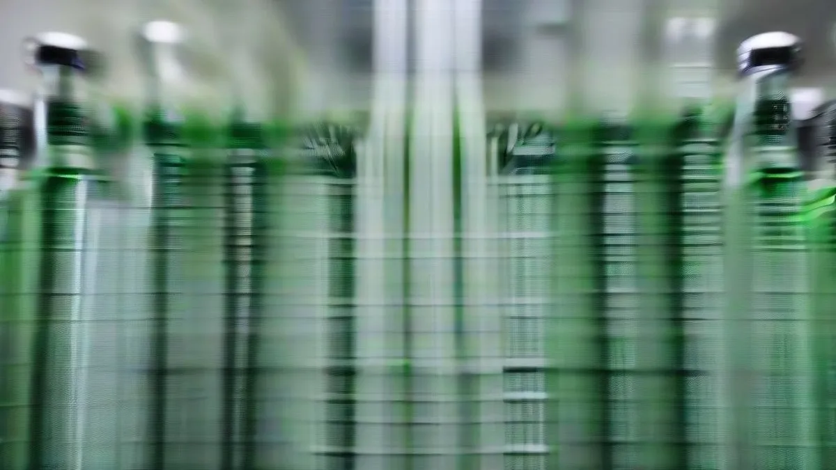 Conveyor line of green glass bottles moving through an industrial beverage packaging facility