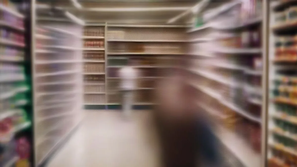A shopper browsing food items along a grocery store aisle.