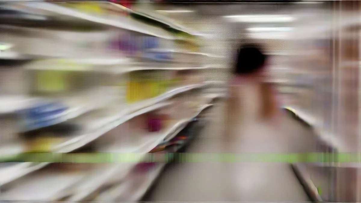A shopper walking down a modern grocery store aisle looking at stocked shelves.