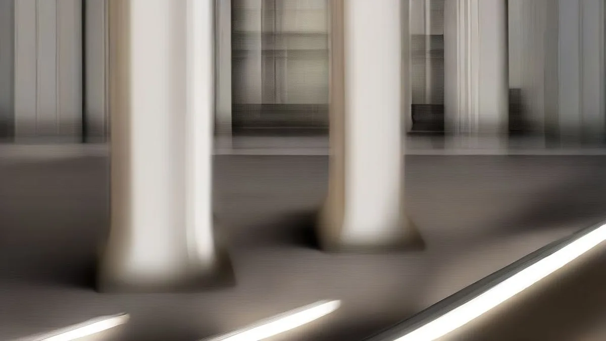 Corridors of a High Court judicial building with advocates walking through the colonnade