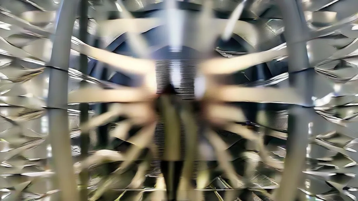 Aircraft maintenance technician inspecting a commercial jet engine inside a modern hangar