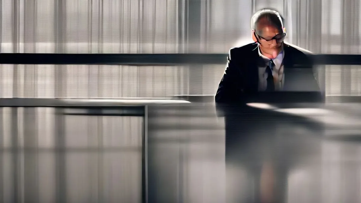 A financial portfolio manager reviewing paperwork in a contemporary high-rise boardroom overlooking a city skyline.