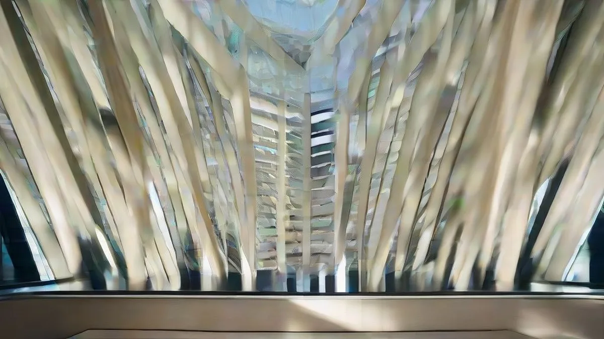 Business professionals walking through a modern corporate banking atrium