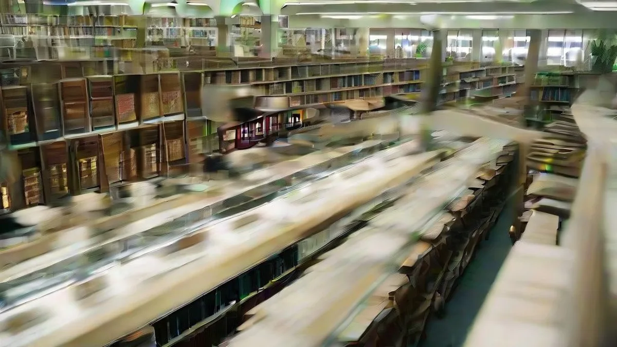 Interior view of an academic research institute library with book-filled shelves and study desks