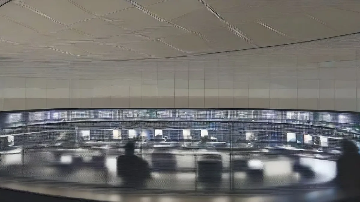 Engineers working late at multi-monitor workstations inside a dimly lit corporate security operations center