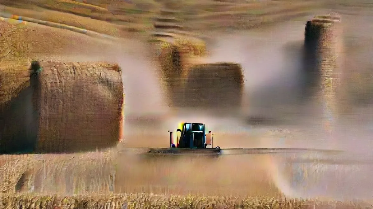 A tractor baling harvested rice straw in a rural Indian field during the post-harvest season.