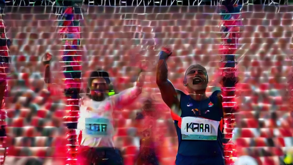 An athlete celebrating victoriously on a running track under bright stadium lights