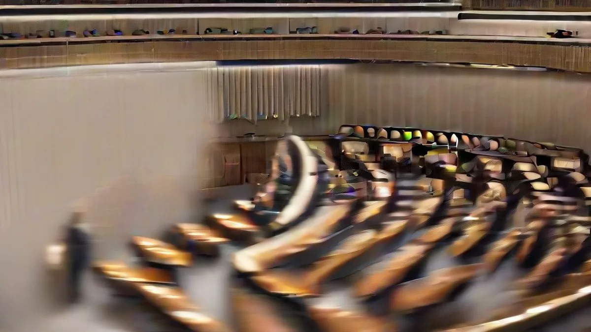 Diplomats seated at wooden desks inside the United Nations General Assembly during a diplomatic session