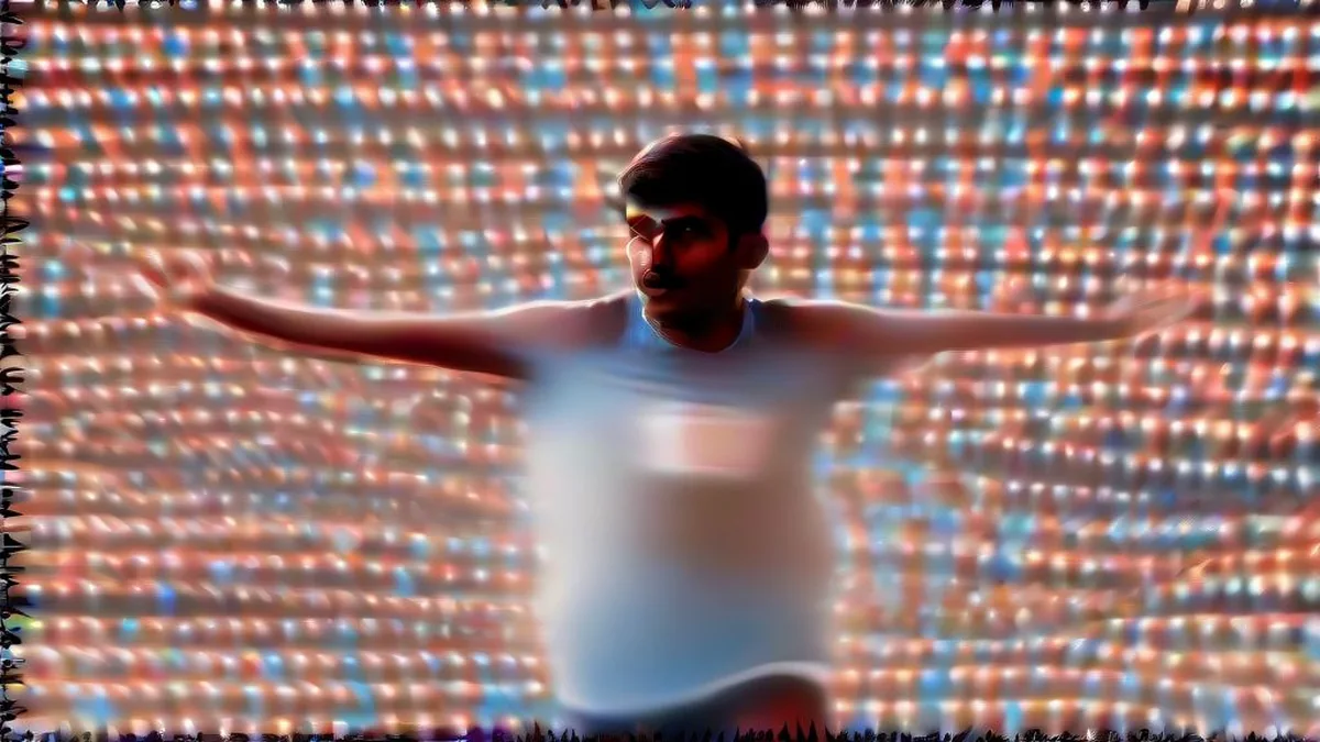 An Indian athlete celebrating with the national flag inside an illuminated sports stadium.