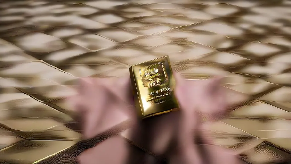 Close-up photograph of a polished gold bullion bar held in hands against a soft-focus background.