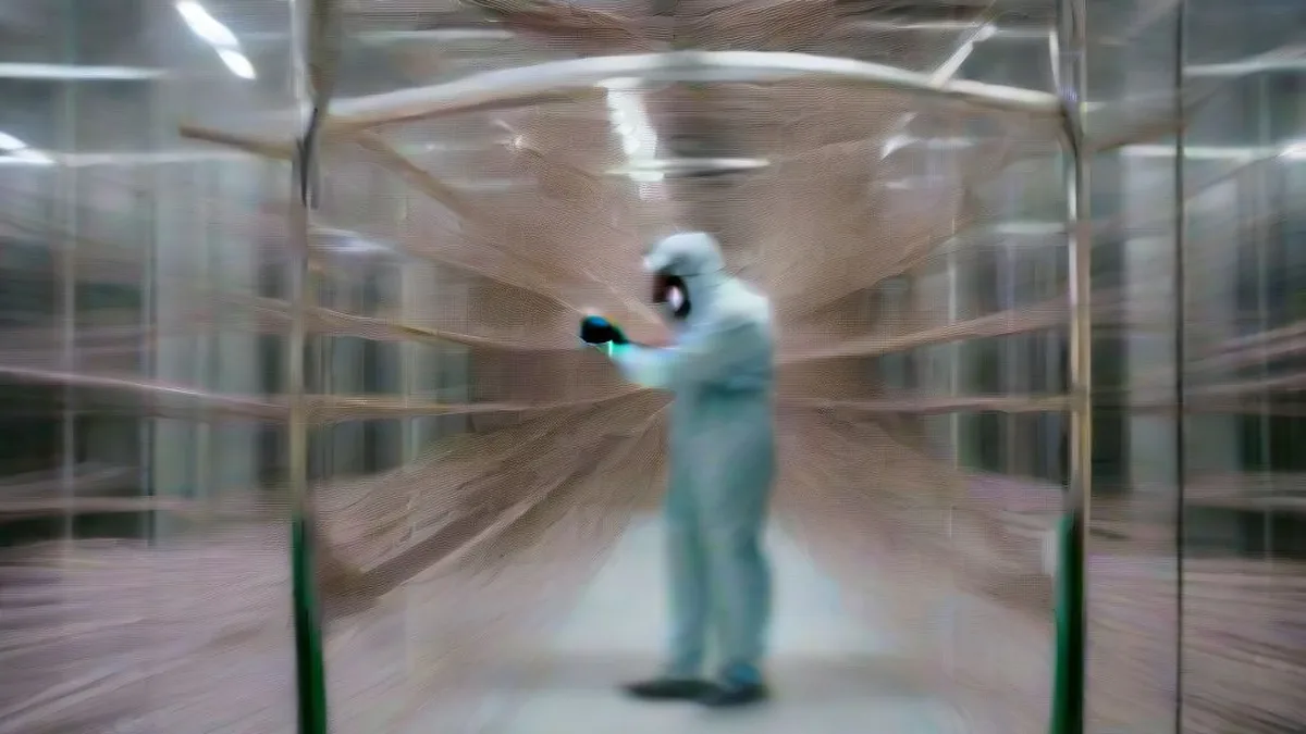 Technician in cleanroom protective gear inspecting spools of optical fibre cable in a factory