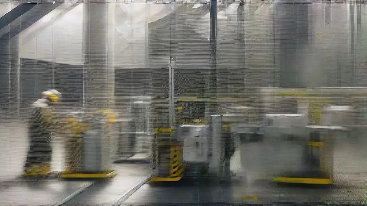 An engineer overlooking an automated manufacturing facility floor with robotic assembly equipment