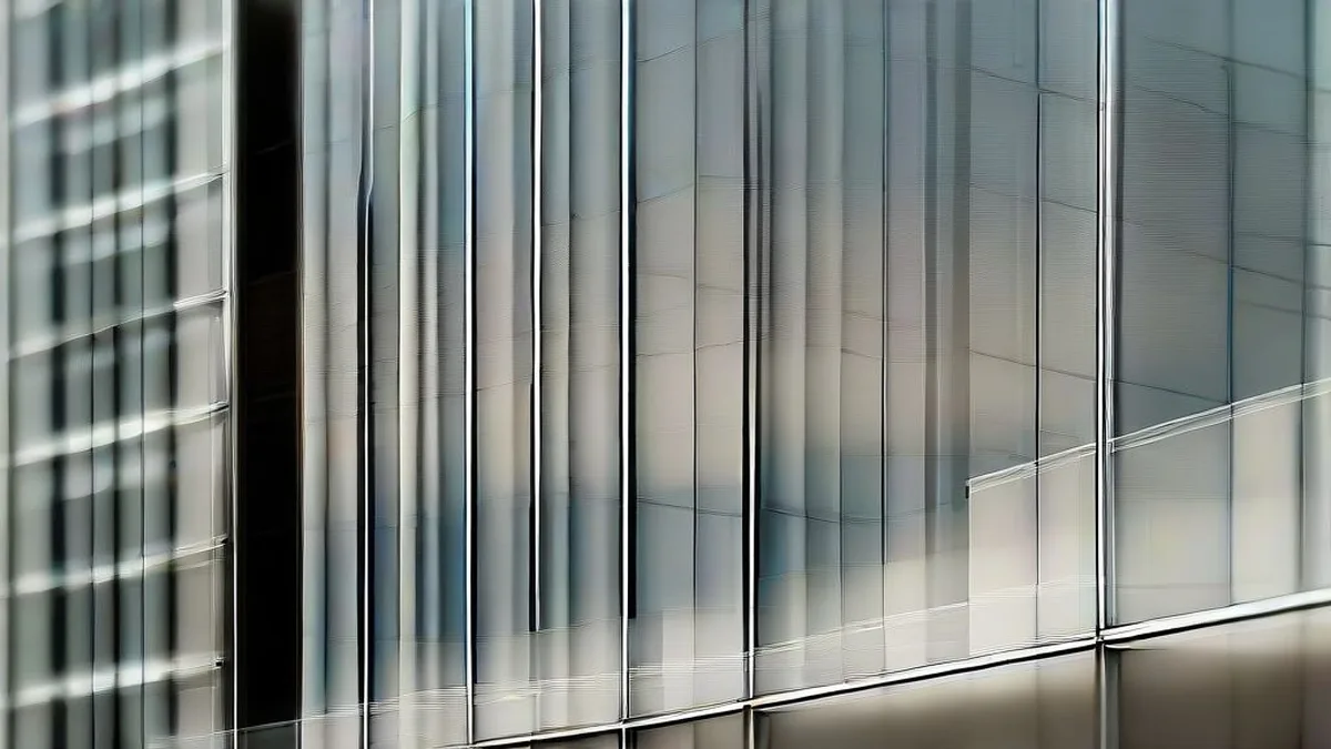 Modern corporate banking complex with glass facade and business professionals walking in natural lighting