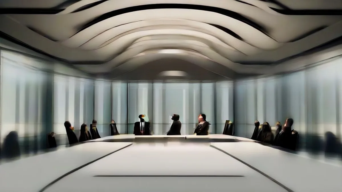 Corporate executives seated in a modern boardroom discussing M&A transaction terms overlooking a city skyline