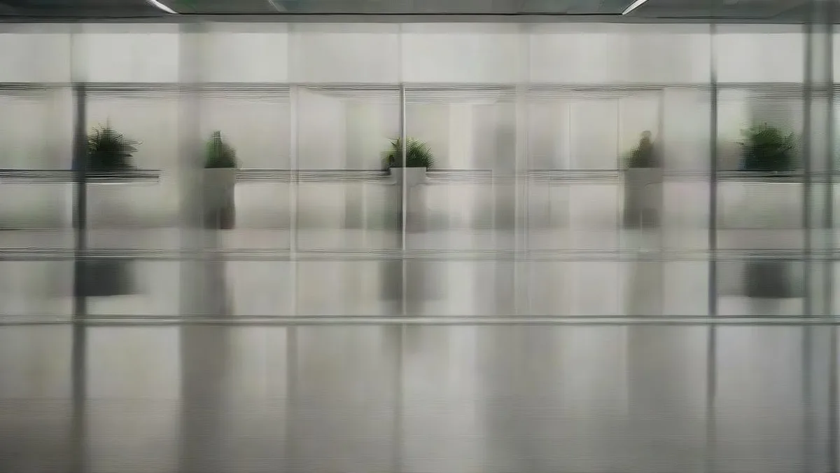 Empty corporate office desks and turned-off computer screens inside a modern tech facility.