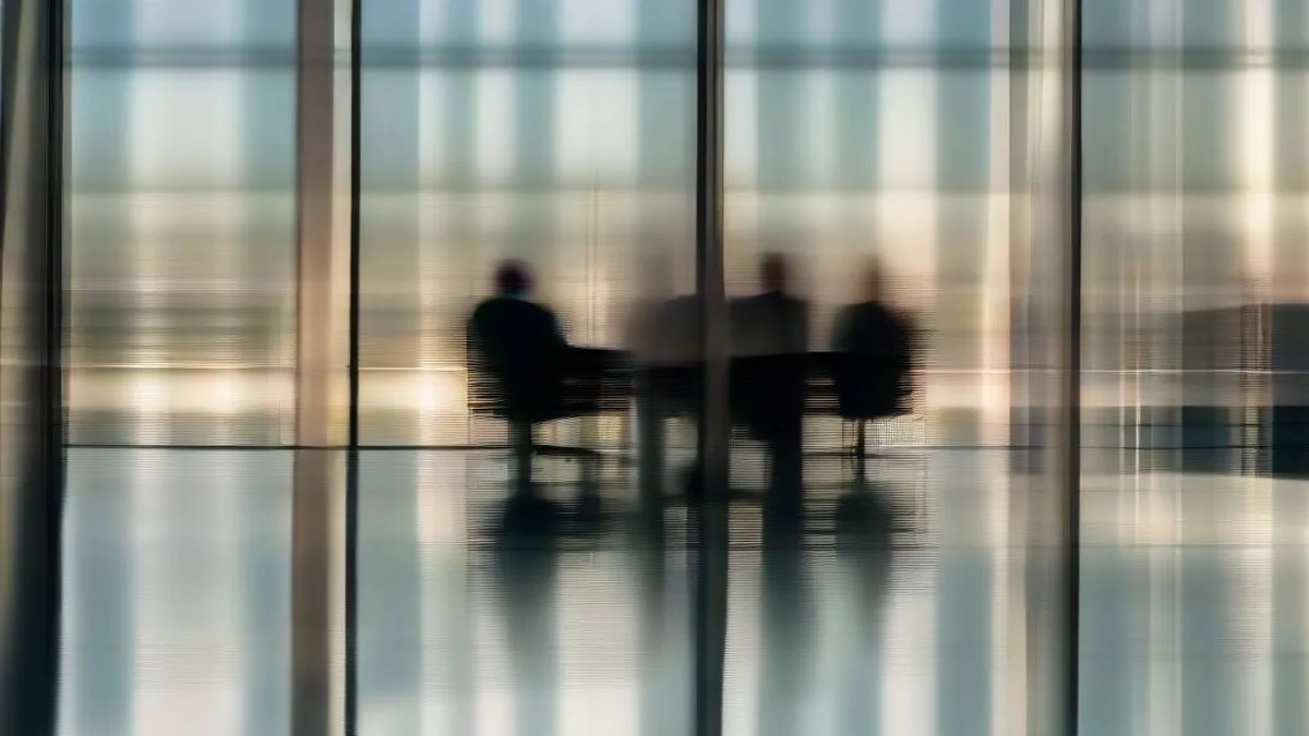 Financial professionals in a high-rise conference room discussing corporate debt documents at dusk.