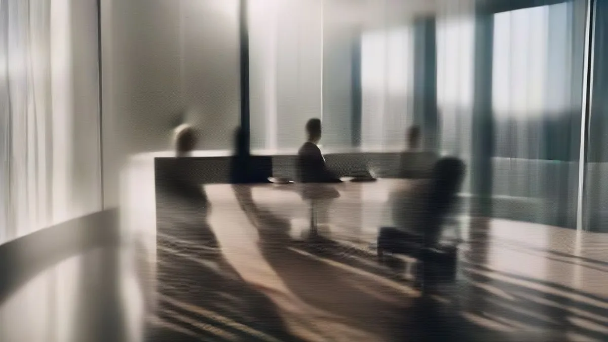 Business executives reviewing corporate finance documents around a conference table in an office setting