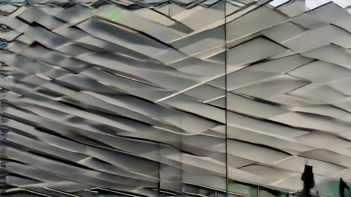 Modern corporate glass office building courtyard with business professionals walking in soft daylight