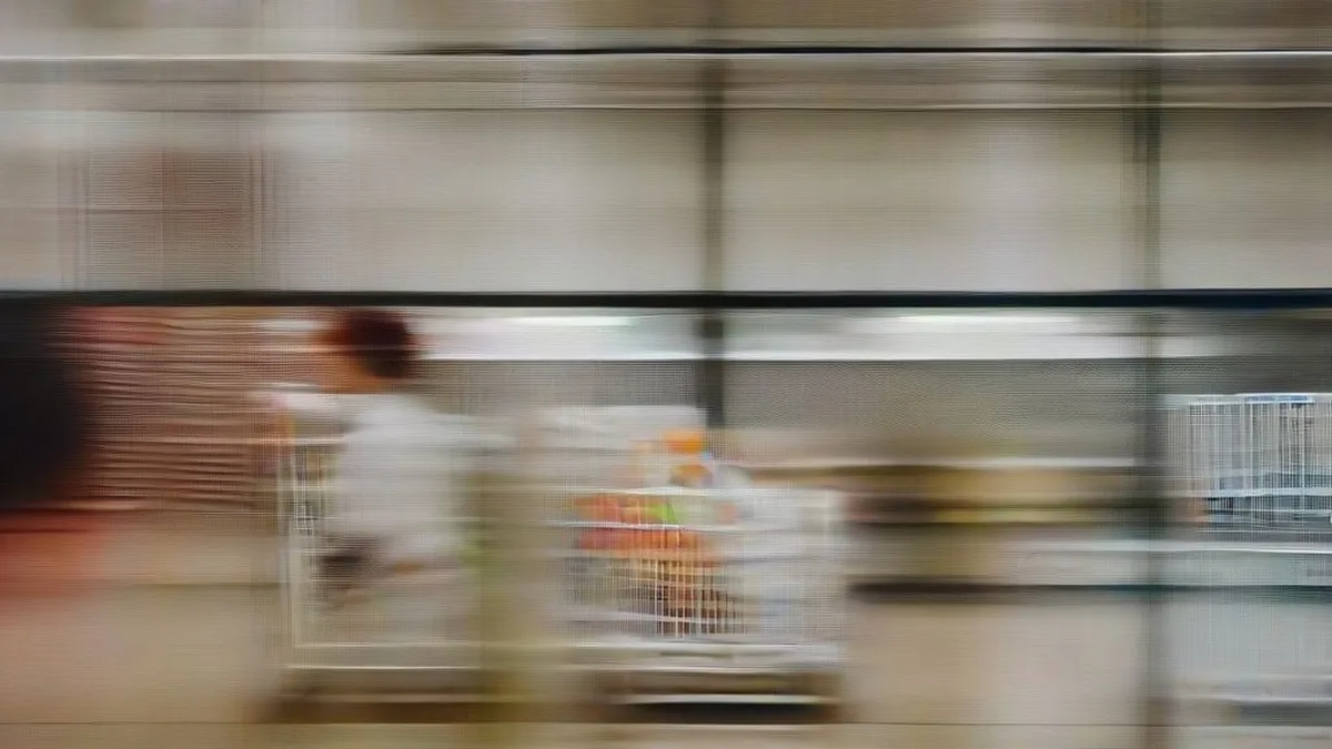 A personal grocery shopper fulfilling orders in a modern supermarket produce aisle
