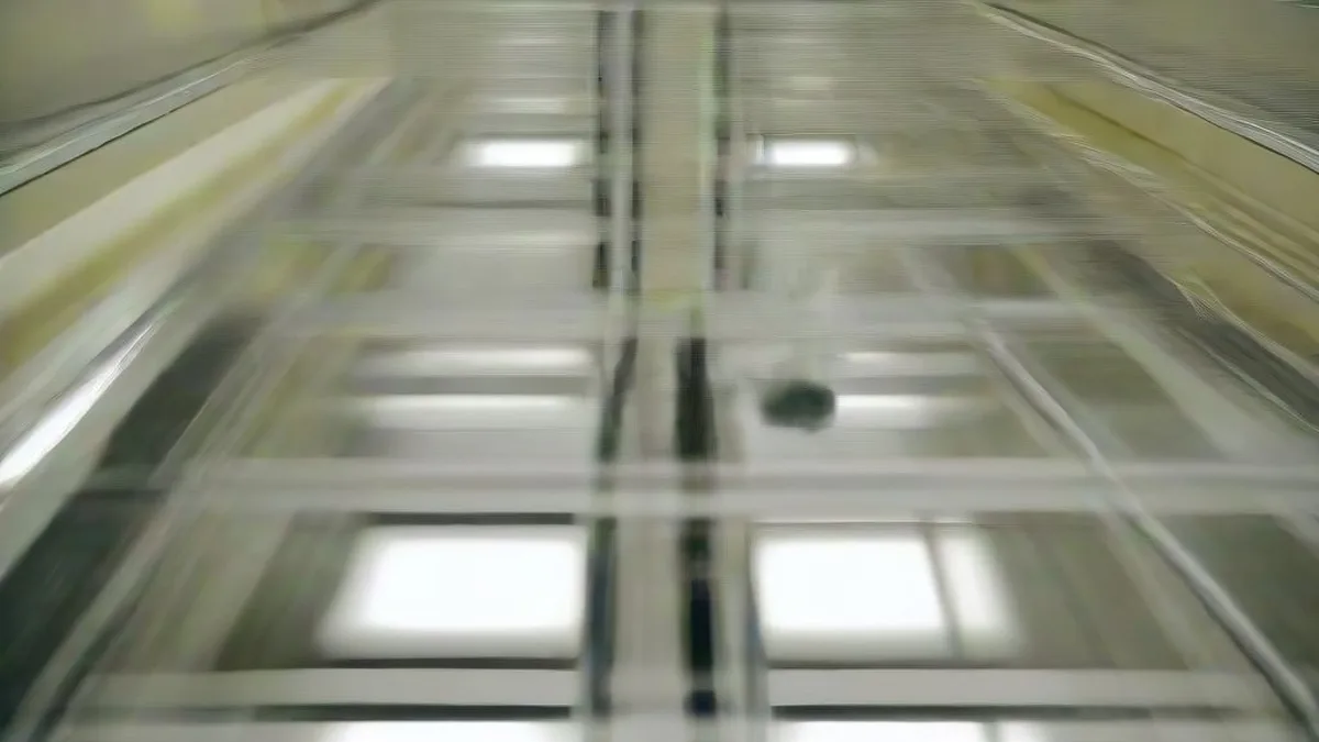 A cleanroom technician in protective white gear inspecting a silicon wafer in a modern microchip fabrication facility.